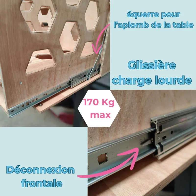 glissière tiroir charge max 170kg + deconnexion frontale